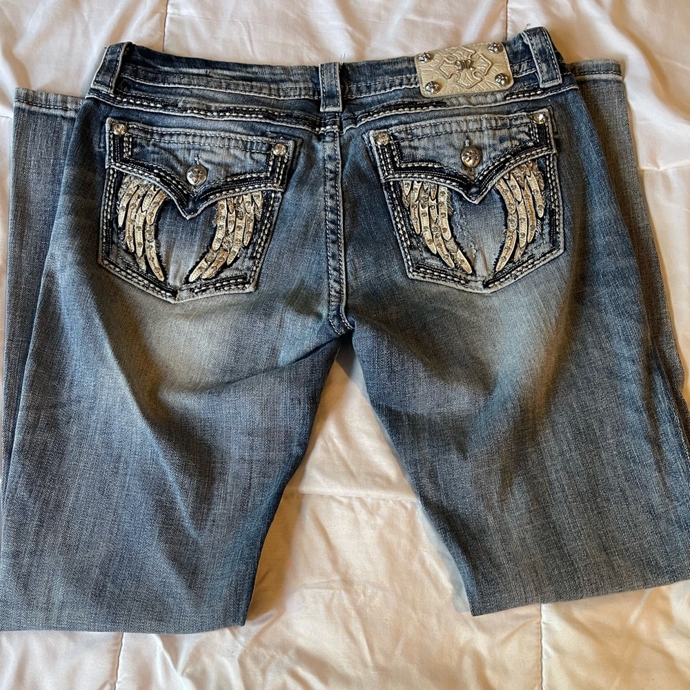 Miss Me Blue Straight Leg Jeans with Wing Design